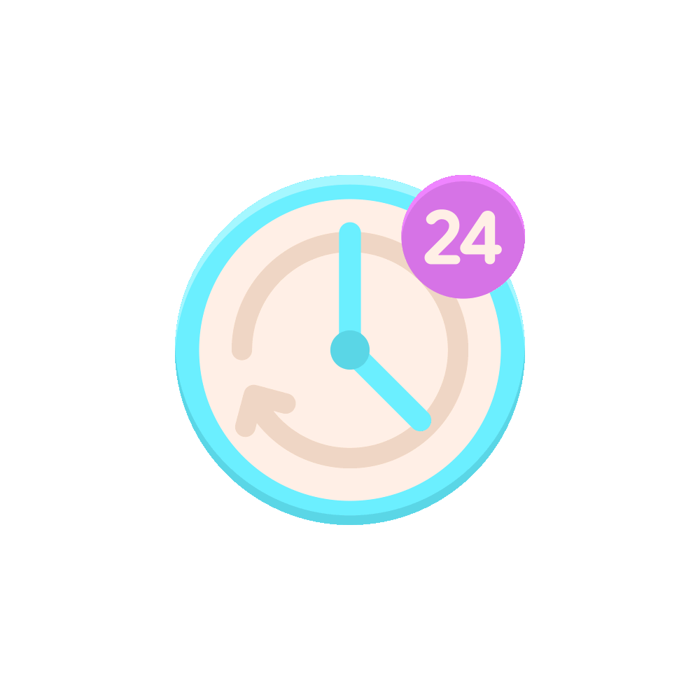 The image features a colorful clock icon with a light blue circular border. The clock face is a soft beige color, displaying a simple design with hour and minute hands. An arrow wraps around the clock, suggesting a sense of time passing or a cyclical nature. In the top right corner, there is a purple circular badge with the number '24', indicating a specific time or a reminder. The overall design is modern and playful, conveying a sense of time management or scheduling.