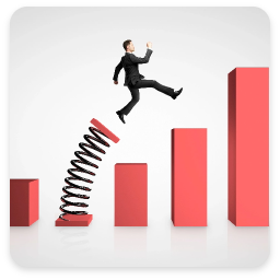 The image depicts a businessman in a suit leaping from a springboard towards a series of ascending red bar graphs. The springboard, represented by a coiled spring, suggests a boost or upward momentum, while the bar graphs symbolize growth or progress. The businessman appears dynamic and determined, emphasizing themes of ambition and advancement. The overall composition conveys a sense of energy and the pursuit of success, highlighting the idea of leveraging opportunities to achieve higher goals. The background is simple and light, focusing attention on the action and the elements of growth.
