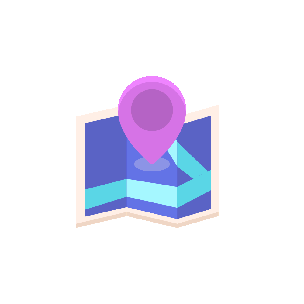 The image features a stylized map icon that is partially open, showcasing a blue and purple design. At the center of the map, there is a prominent pink location pin, indicating a specific point of interest. The map has a clean, modern aesthetic with simple lines and shapes, emphasizing clarity and ease of navigation. The overall design conveys themes of exploration and location, making it suitable for applications related to travel, navigation, or mapping services.