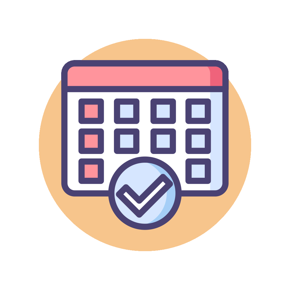 The image features a stylized calendar icon set against a circular background in a warm peach color. The calendar has a pink header and a grid layout with various colored squares, indicating different dates or events. In the foreground, there is a circular checkmark symbol, suggesting confirmation or approval. The overall design is modern and minimalistic, conveying a sense of organization and planning. The combination of the calendar and checkmark emphasizes the idea of scheduling or confirming appointments.