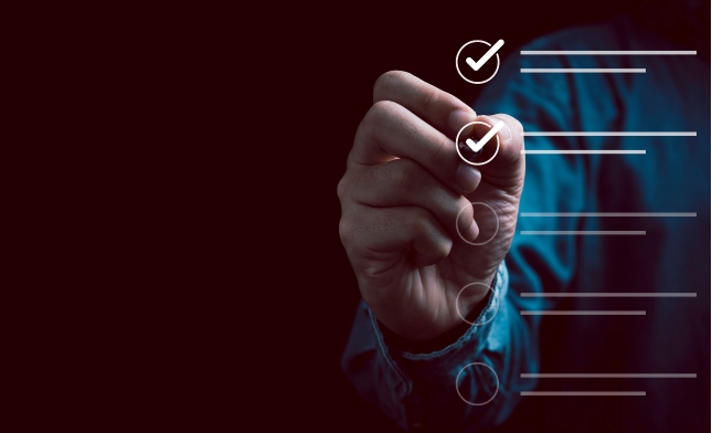 Business person making a selection on a virtual interface with checkboxes.